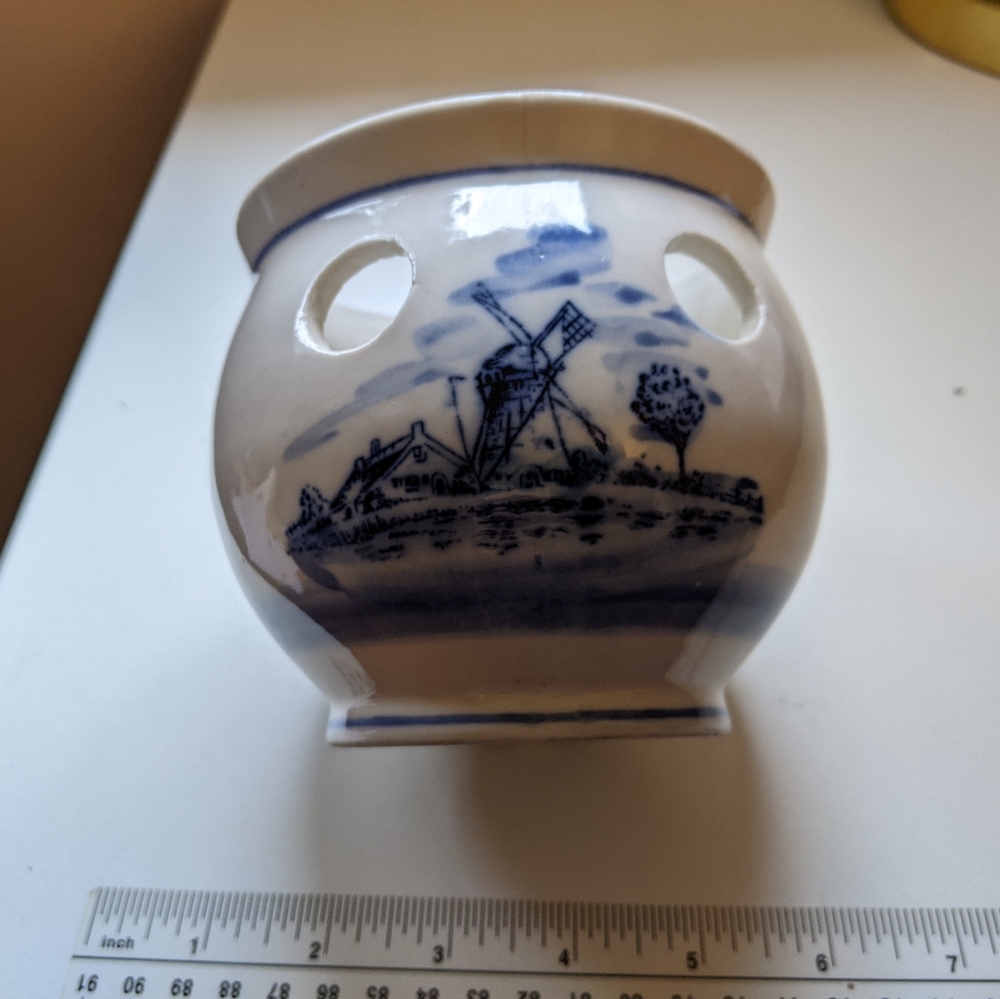 Delft Blue Crocus Planter Hand Painted Windmill & Boat Scene Holland Blue